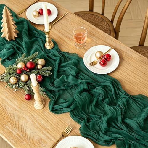 Christmas Table Runner, 10FT Cheesecloth Emerald Green Table Runners 35*120inch Rustic Vintage Table Runner for Christmas Holiday Indoor Home Kitchen Table Party Decorations - Image 2