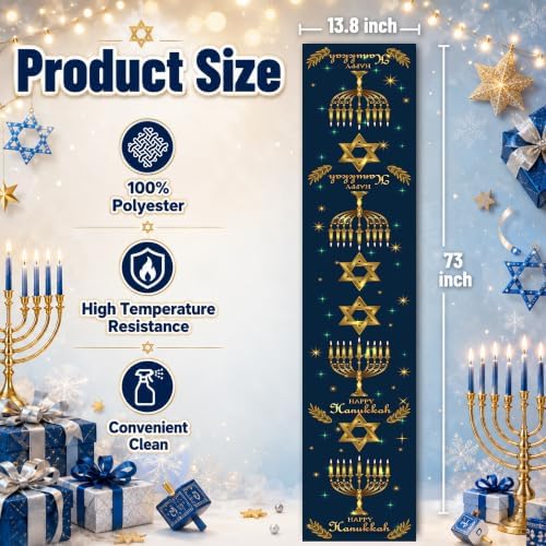 Hanukkah Decorations - Navy Blue Gold Hanukkah Table Runner - Image 3