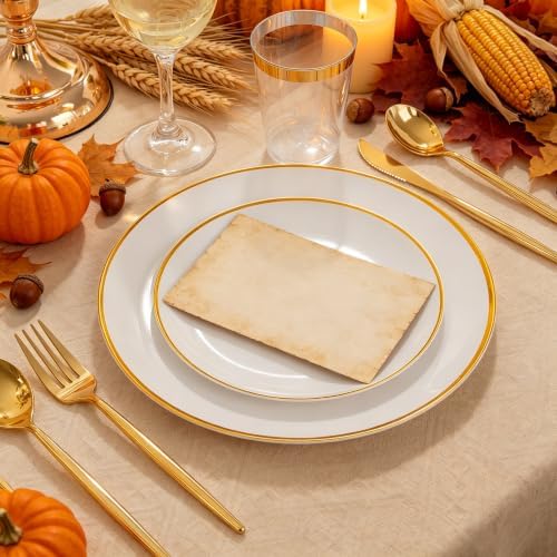 ejonirinjonir 180pcs Elegant White Plastic Plates for Wedding, Gold Trim - Image 3