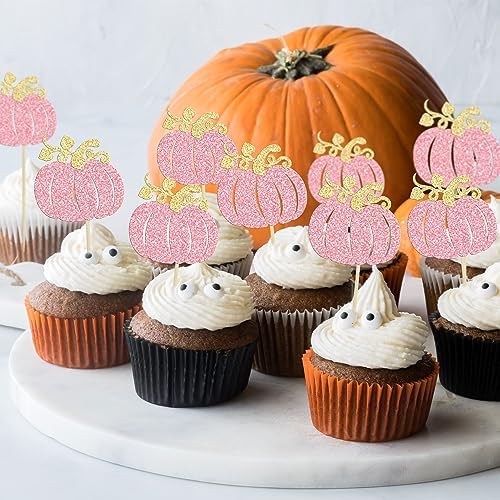 24Pcs Pumpkin Cupcake Toppers Glitter Fall Theme Pumpkin Cupcake Pick Decorations for Baby Shower Birthday Thanksgiving Halloween Party Cake Decorations Supplies Pink - Image 7
