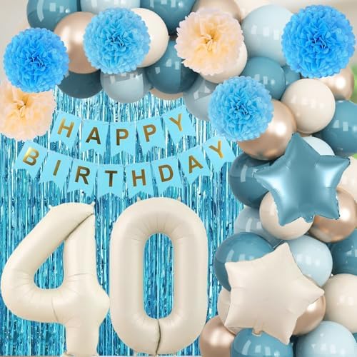 Dusty Blue 40th Birthday Party Decorations Men Beige Number 40 Balloon - Image 5