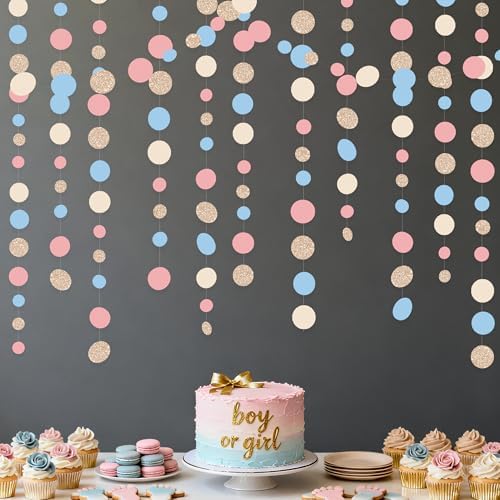 Champagne Gold Dusty Pink Blue Cream Beige Circle Dot Hanging Streamer Polka Dot Garland Banner for Birthday Wedding Bridal Shower Engagement Boho Gender Reveal Party Decorations Supplies - Image 3