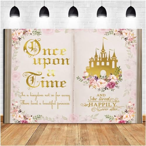 8x6ft Once Upon a Time Backdrop Pink Flower Gold Castle Photography Background Fairy Tale Books Floral Princess Girls Birthday Banner Decorations Fairytale Wedding Portrait Photo Booth Prop - Image 2
