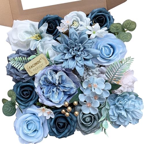 FACINOC Roses Artificial Flowers Blue Bouquet Fake Flower Bulk with Stems by FACINOC