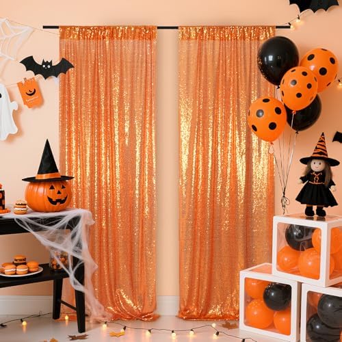 Poise3EHome Orange Sequin Backdrop Curtains, 4 Panels 2FTx8FT Glitter Background for Halloween Party Birthday Party Wedding Christmas Thanksgiving Holiday Festival Decor - Image 2