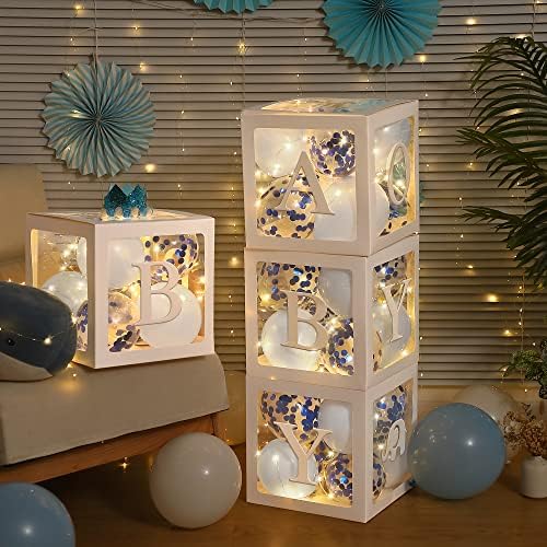 Baby Shower Balloon Box Decorations with LED Lights & 40 Balloons, Blue by Meonum