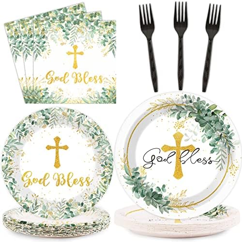 96 Pieces God Bless Party Plates Baptism Theme Party Decorations First Holy Communion Paper Plates and Napkins Mi Bautizo Eucalyptus Leaves Sage Disposable Dessert Tableware Set Supplies 24 Guests by ZOIIWA