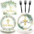 96 Pieces God Bless Party Plates Baptism Theme Party Decorations First Holy Communion Paper Plates and Napkins Mi Bautizo Eucalyptus Leaves Sage Disposable Dessert Tableware Set Supplies 24 Guests by ZOIIWA