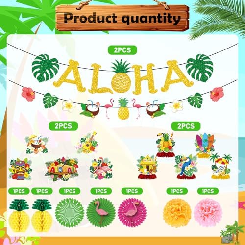 Hawaiian Aloha Party Decorations, 20PCS Hawaiian Tropical Luau Banners with Hanging Swirls Decoration, Flamingo Pineapple Paper Fans Pom Poms and Honeycomb Centerpieces Decor for Summer - Image 3