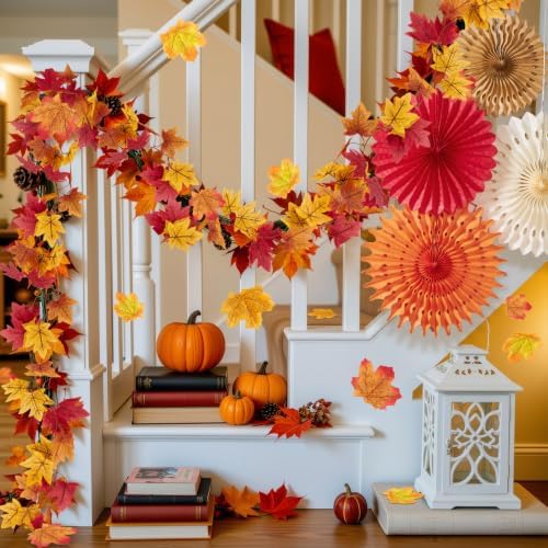 Fall Party Decorations, Orange Hanging Paper Fans, 100 Pcs Artificial Maple Leaves, Fall Leaves Garland, Fall Hanging Decorations, Pumpkin Orange Colors for Thanksgiving, Harvest Home Decor - Image 5