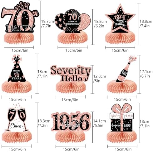 9Pcs 70th Birthday Decorations Honeycomb Centerpieces for Women, Rose Gold Pink Happy 70th Birthday Centerpieces Tables Toppers Party Decorations Supplies, Vintage 1956 Aged Table Sign Decor - Image 2