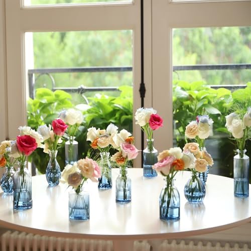 Bud Vases Set of 12, Gradient Blue Glass Vase Vintage Flower Vase for Decor Ribbed Small Bud Vases in Bulk Cute Wedding Birthday Party Centerpieces Table Decoration Home Decor - Image 5