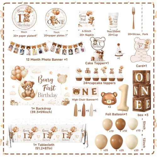 Beary First Birthday Decorations,Teddy Bear Birthday Decorations Set for First Birthday Theme Boy With Backdrop, Balloons, One High Chair Banner,Plates,Napkins,Cake Toppers,272pcs - Image 6