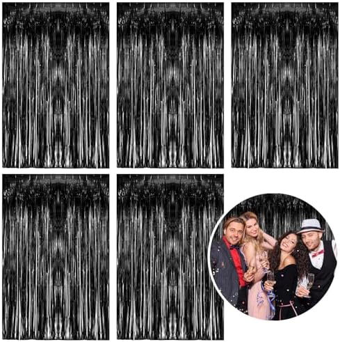 5 Pack Foil Curtain Backdrop Black Metallic Tinsel Foil Fringe Curtains Photo Booth Props for Birthday Wedding Engagement Baby Shower Bachelorette Christmas Holiday Celebration Party Decorations by KEJ