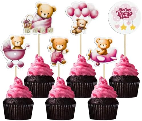 Gyufise 36Pcs Bear Cupcake Toppers Bear Cupcake Picks Baby Carriage Bottle Balloon We can Bearly Wait Cake Decorations for Baby Shower Gender Reveal Kids Birthday Party Supplies Pink Coffee by Gyufise