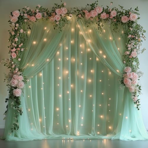 Tulle Backdrop Curtain with Lights Green Sheer Curtains Backdrop 10x10ft - Image 7