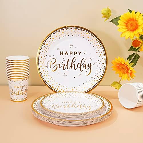 175PCS Happy Birthday Plates and Napkins Party Supplies, Gold Dot Paper Plates and Napkins with Gold Plastic Forks Knives Spoons Serve 25 Guests for Birthday Party Decorations - Image 6