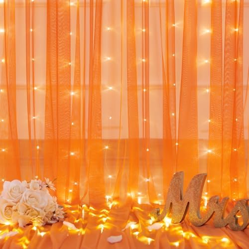 10ft x 10ft Orange Tulle Photo Backdrop Curtain with Lights String for Halloween Party Orange Sheer Curtain Backdrop Drapes for Birthday Party Wedding Photo Booth Background Home Room Decorations - Image 5