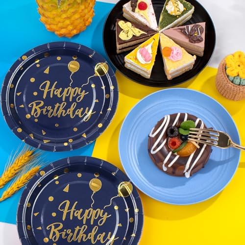 96PCS Happy Birthday Plates and Napkins Party Supplies, Black and Gold Disposable Paper Plates and Napkins with Forks Tableware Set for Birthday Party Decorations 24 Guests (Birthday Blue) - Image 5