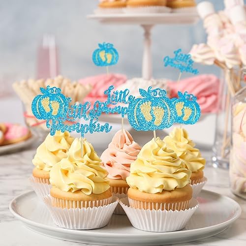 Ephlyn 24Pcs Little Pumpkin Cupcake Toppers Glitter Pumpkin Cupcake Picks Little Pumpkin Boy Baby Shower Decorations Fall Harvest Theme Baby Shower Kids Birthday Party Supplies Blue - Image 5