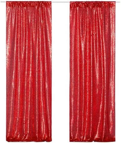 Poise3EHome 2Pcs 2Ft x 8Ft Red Sequin Backdrop Curtains,Glitter Photography Background for Party Birthday Wedding Christmas Decor by Poise3EHome