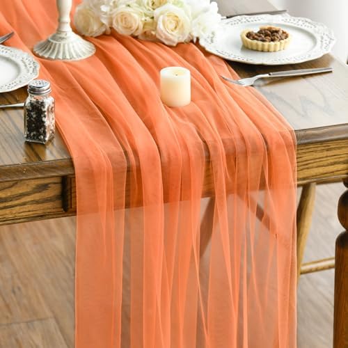 Artoid Mode Orange Gauze Table Runner 120 Inch 10FT, Seasonal Sheer Kitchen Dining Holiday Wedding Birthday Baby Shower Table Decor for Home Party by ArtoidMode
