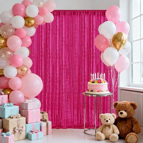 2×8FT-2PCS Hot Pink Sequin Backdrop Curtains Panels, Fuchsia Photography Backdrop Glitter Curtains Fabric Background for Christmas Wedding Party Decor - Image 3