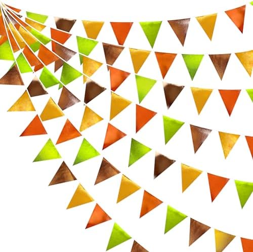 Fall Party Decorations Orange Green Gold Brown Metallic Fabric Triangle Pennant Flag Bunting Banner for Fall Autumn Thanksgiving Wedding Birthday Baby Shower Bridal Shower Engagement Party Supplies by pinkblume