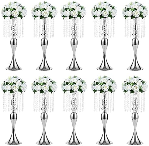 Sziqiqi Silver Floral Centerpiece Riser with Crystal Beads, 10Pcs by SZIQIQI