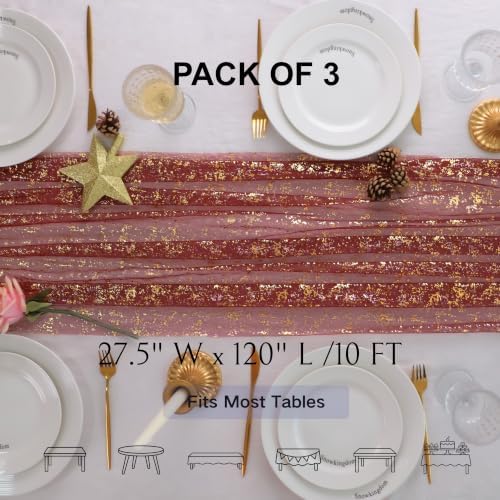 Snowkingdom 3Pcs 10Ft Burgundy Gold Gauze Sheer Table Runner - Image 2