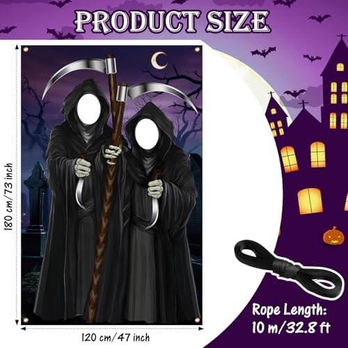 Lunmon 6x4 ft Halloween Backdrop Grim Reaper Face Cutout Holes - Image 2