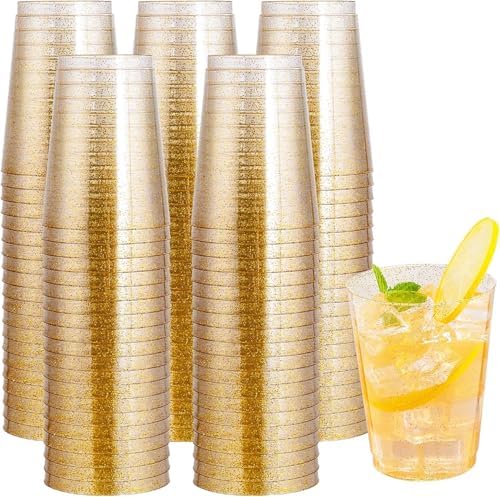 I00000 100 Pcs Gold Plastic Cups, 10 oz Hard Gold Glitter Disposable Cups by I00000