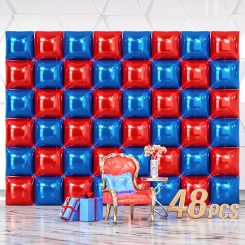 NISOCY 48PCS Red and Blue Square Foil Balloons Wall Backdrop by NISOCY