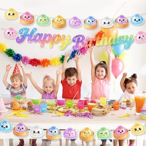 Paper Squishy Birthday Decorations Happy Birthday Banner Dumpling Birthday Party Decorations Dumpling Themed Bun Pattern Banner Birthday Party Dimsum Bun Food Theme Party Decoration - Image 4