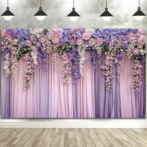 5x4ft Purple Flower Wedding Photography Backdrop Lavender Floral Wedding Bridal Photography Backdrop Anniversary Birthday Baby Shower Girl Party Banner Photo Booth Props Background Wall Decor - Image 5