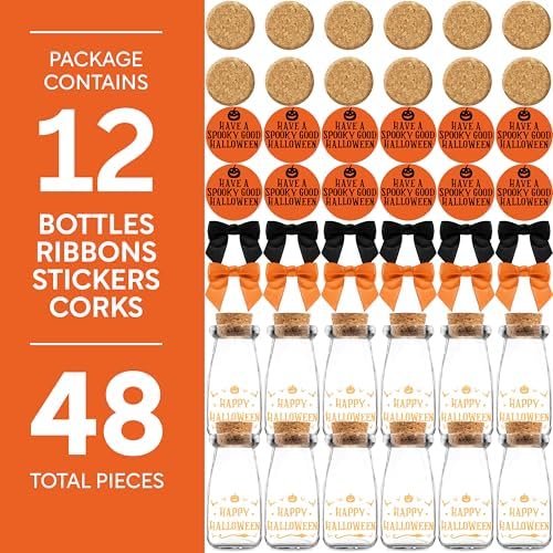 Ethisa Vintage 12 Pack Halloween Glass Jars with Ribbons and Stickers - Candy Party Favors for Trick or Treat - Halloween Party Favors and Table Centerpieces Decorations - Halloween Theme Potion Jars - Image 6