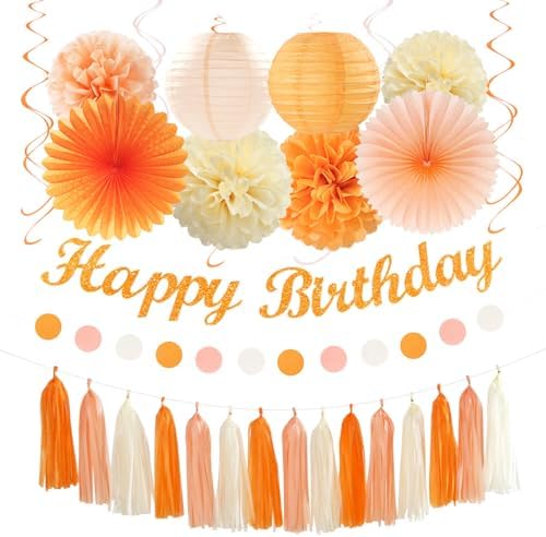 Orange-Peach Beige First Happy-Birthday Party-Decorations - 31pcs 20th Women Girls Bohemian Groovy Paper Lanterns Streamers Banner,Tissue Pom Poms Decor,Fall Boho Fans Tassels Graland Backdrop Hugmoon by PartyDecorations