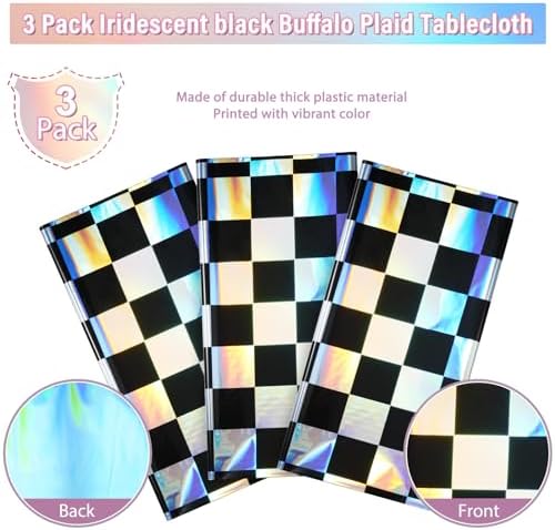 3Pack Black and Iridescent Checkered Plastic Tablecloth, Shiny Disposable Laser Rectangle Table Covers, Holographic Foil Tablecloth Iridescent Party Decorations for Picnic Camping Race Car, 54x108Inch - Image 4