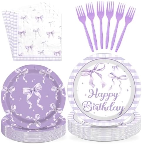 96Pcs Purple Bow Birthday Party Supplies for Girls Serves 24 by Greencian