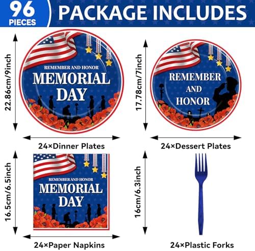 96Pcs Memorial Day Plates and Napkins for Remember and Honor Soldier Party Supplies Thank You Soldiers Dessert Plates Veterans Day Tableware Set for 24 Guests 4th of July Party Decorations - Image 2
