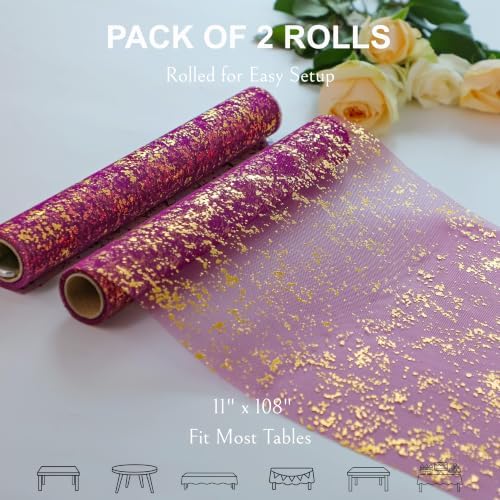 2 Pcs Plum Purple Gold Table Runner, Glitter Metallic Foil Mesh Roll 108" - Image 2