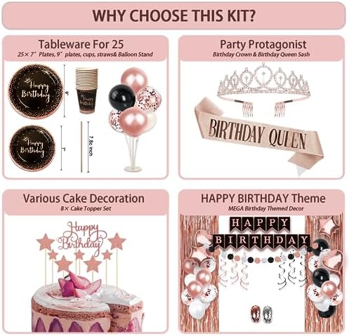 UJoyant Birthday Decorations For Women, 229 Pcs Rose Gold and Black Happy Birthday Supplies - Disposable Dinnerware Set with 25 Guest, Balloons, Sash, Tiara, Banner, Fringe Curtain, Photo Booth Props - Image 4