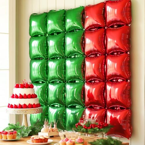 NISOCY 25PCS Red and Green Square Foil Balloons Wall Backdrop - Image 6