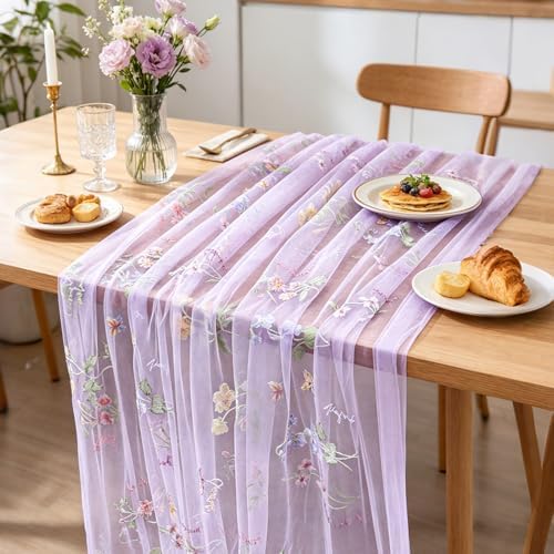 BINBE 6pcs Purple Florals Table Runner Embroidery Gauze 10FT Daisy Seasonal Tulle Birthday Wedding Holiday Kitchen Dining Table Decor for Home Party - Image 4