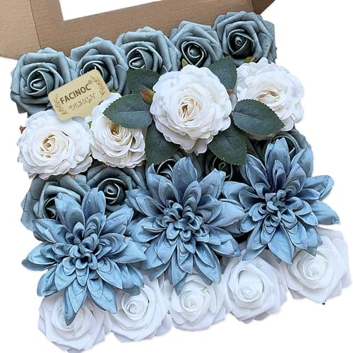 FACINOC Roses Artificial Flowers Dusty Blue Fake Flower with Stem Box Set by FACINOC
