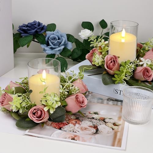 12 PCS Roses Candle Rings Wreaths with LED Candles - Dusty Pink - Image 6