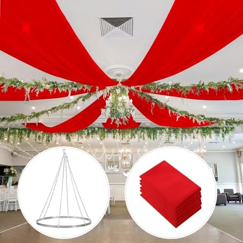 Red Ceiling Drapes 6 Panels 5x10ft with 12 Inch Ceiling Drapes Hanging Kit Silver Ceiling Drape Hoop Ring Kit Chiffon Ceiling Fabric Draping Fabric for Wedding Party Ceremony Decorations by ROMANKAS