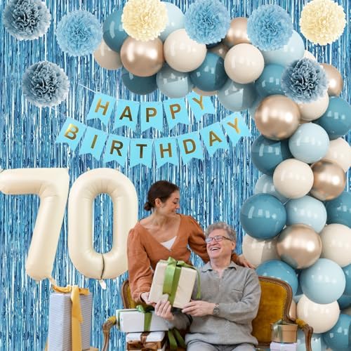 Dusty Blue 70th Birthday Party Decorations Men Beige Number 70 Balloon - Image 6