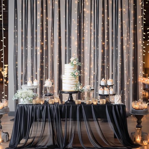 10ft x 10ft Black Backdrop Curtain with Lights String for Parties, Sheer Tulle Wedding Photo Backdrops Drapes for Baby Shower Birthday Party Decorations Background for Photography - Image 7