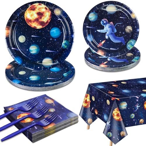 Outer Space Party Supplies for 20 Guests, Include Astronaut Planet Paper Plates, Napkins, Forks, Outer Solar System Tablecloth for Kids Birthday Party Solar System Theme Party Decorations by QUERICKY